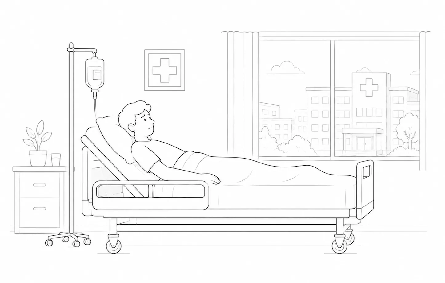 Ilustracija pacienta v bolnišnični postelji ob oknu s pogledom na bolnišnico